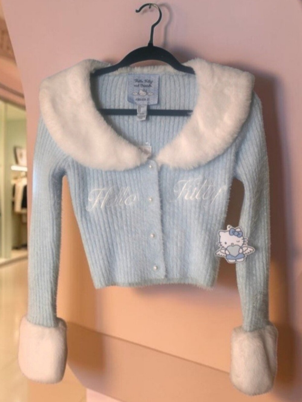 Deadstock Hello Kitty Angel Cherub Faux Fur Knit Cardigan Sweater M NWT